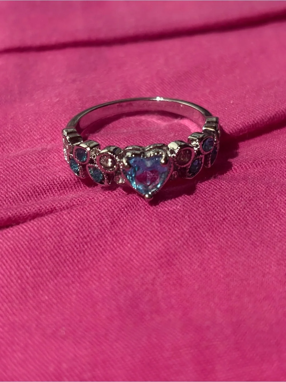 Size 11 Heart-Cut Blue Stone Silver-Tone Ring with Clear Accents